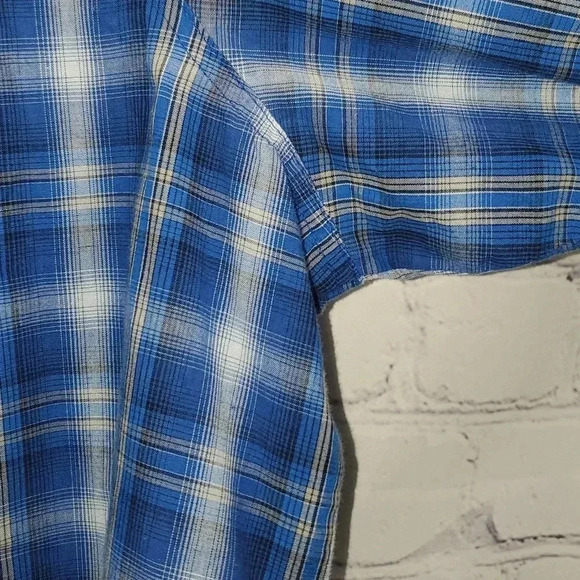Wrangler Wrancher Pearl Snap Large Blue Plaid Shirt Western Cowboy Cotton Blend - Picture 9 of 11